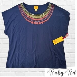 NWT Ruby Rd Navy Blue T-Shirt Red & Gold Sequins Short Sleeve Women’s Size 1X